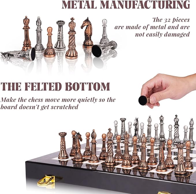 Retro Metal Chess Set for Adults and Kids – Marbling Chess Board with Chess Pieces – Travel Chess Set with Metal Pieces – Folding Chessboard – Ideal for Beginners and Professional Players