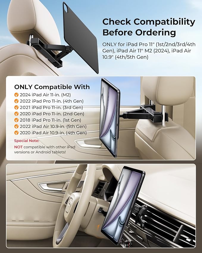 KU XIU Magnetic iPad Holder for Car Headrest,Backseat Tablet Car Mount for iPad Pro/Air 11" M2, Road Trip Essentials for Kids, Tablet Car Holder for iPad Pro 11 1st/2nd/3rd/4th, iPad Air 10.9" 4/5th