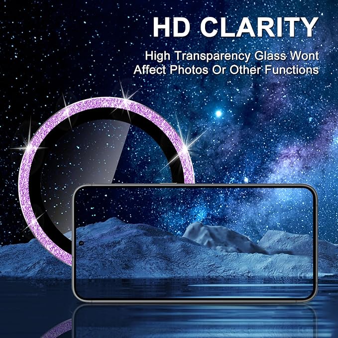for Samsung Galaxy S25 Plus Camera Lens Protector, Individual Metal Ring Tempered Glass Lens Cover, [Strong Adsorption] Scratch Resistant Ultra-Thin HD Clear Lens Cover, 1 Set-Purple Sparkly