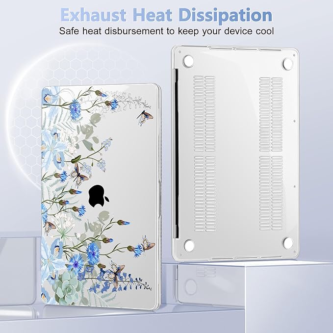 May Chen Compatible with MacBook Pro 13 inch Case with Touch Bar 2022 2021 2020 Release A2338 M1/M2 A2251 A2289, Plastic Hard Shell Case with Keyboard Cover + Dust Plug, Blue Flowers Leaves