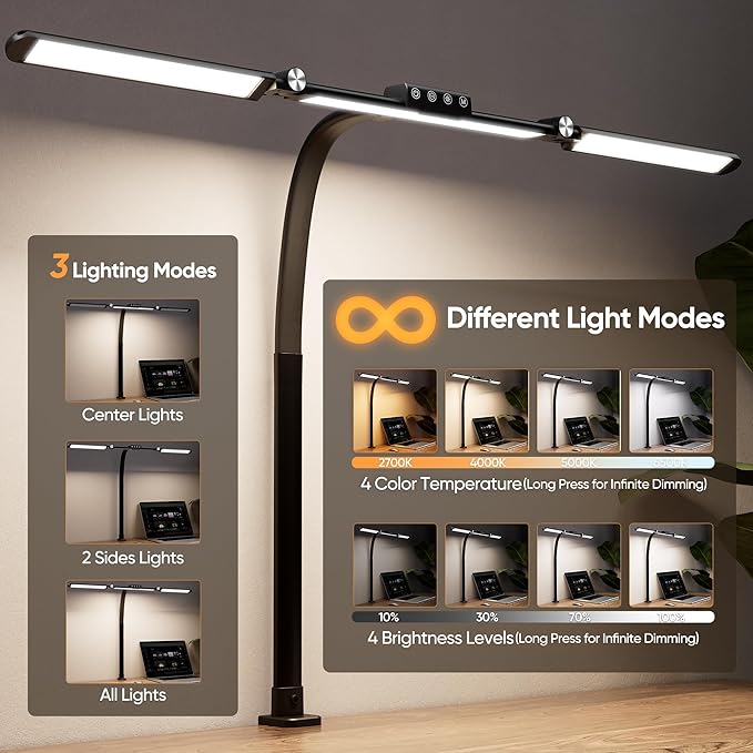 Large Desk Lamps for Home Office, 39.3" Architect Desk Lamp with Clamp, 24W Ultra Bright LED Desk Light Stepless Dimming Eye-Caring Office Desk Lamp for Study Work