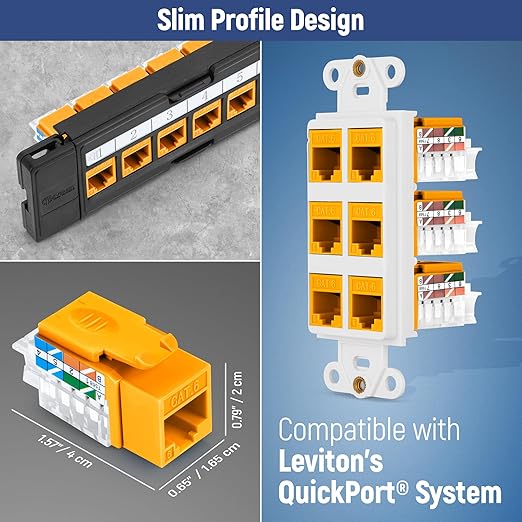 Everest 45° Angled RJ45 Cat6 Keystone Jacks 100-Pack in Yellow - Slim Profile Female RJ45 Connectors - Cat 6 Keystone Jack - Compatible with 45° Angled Speed Termination Tool - 45Term (B0BL3GS7ZY)