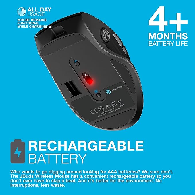 JLab JBuds Wireless Mouse, Connect Via Bluetooth or USB Wireless Dongle, Multi-Device Toggle, Up to Three Devices, Custom User Profiles, Adjustable Tracking, Full-Size, Rechargeable, (1 Pack)