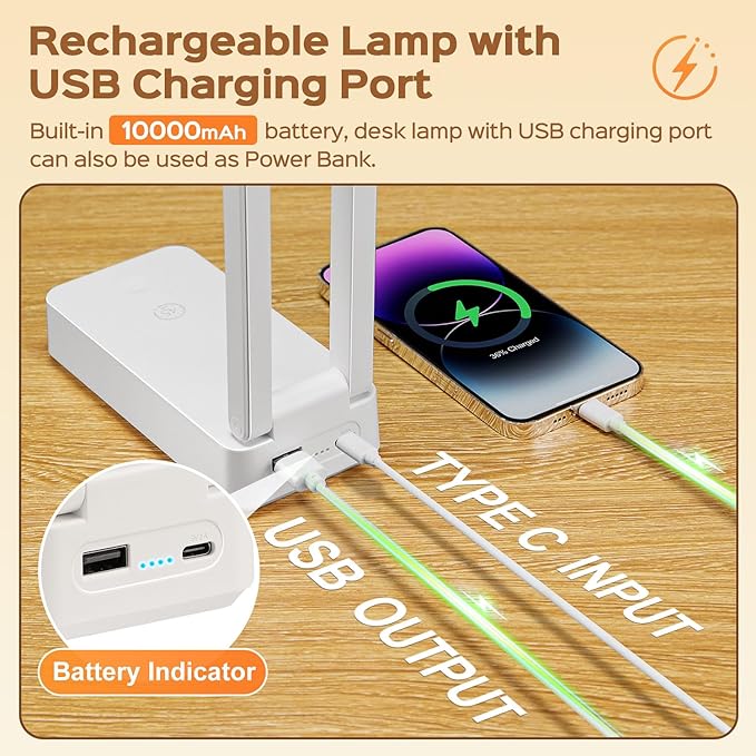 Small Desk Lamp,10000mAh Battery Operated Lamp,3 Colors+Dimmable Desk Light,LED Desk Lamp with USB Charging Port+Digital Clock+45min-Timer,Wireless & Portable Light,Desk Lamps for Home Office,Craft