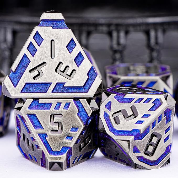 Metal DND Sci-fi Dice Set 7PCS Stripe Polyhedral Dice for Dungeons Dragons RPG Role Playing Game, Glitter D and D Dice with Gift Box D6 D8 D10 D12 D20 (Blue Purple&Grey)