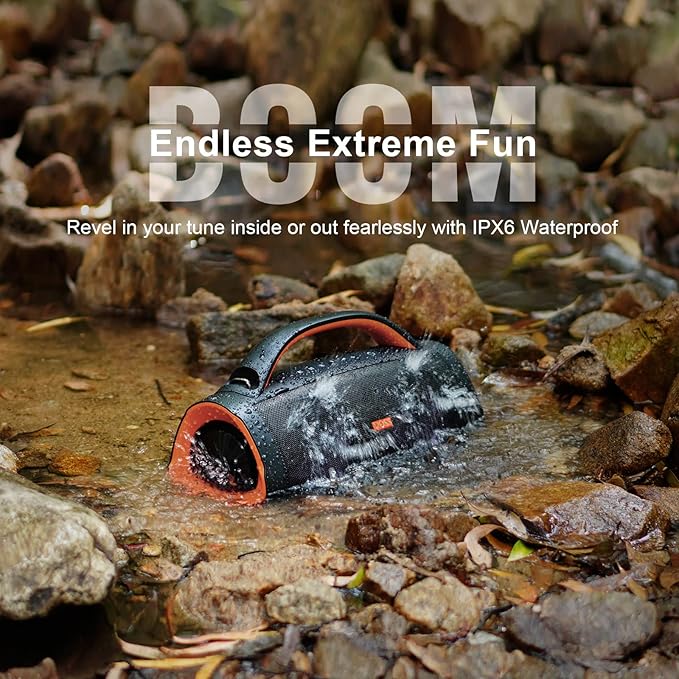 DOSS Extreme Boom Pro Bluetooth Speaker with 100W Stereo Sound, Rich Bass, IPX6 Waterproof, 20H Playtime, Power Bank, Mixed Color Light, Portable for Outdoor, Camping, Beach - Orange