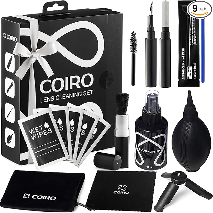 Camera Lens Cleaning Kit for DSLR and Sensitive Electronics, 9-in-1 Lens Cleaner Spray, Camera Pen, Blower, Wipes, Sensor Cleaner, Photographer Gifts & Accessories