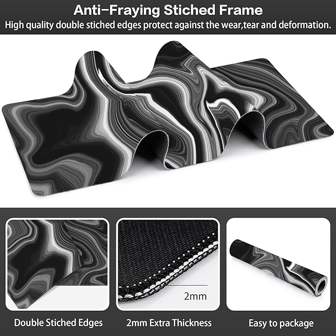 Black and White Marble Desk Mat,Large Marble Ink Texture Gaming Keyboard Mouse Pad,Non-Slip Rubber Base Desk Pad Thick Stitched Edges Waterproof Mousepad Mouse Mat 31.5"x11.8"