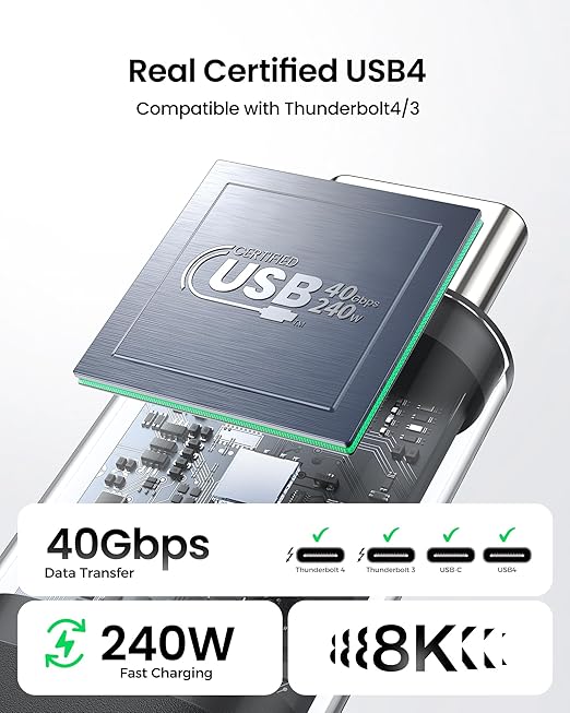 Silkland USB 4 Cable for Thunderbolt 4 Cable 3.3FT, 40Gbps Data Sync, 8K/5K USB C Monitor [USB-IF Certified] Netbraid-48 240W USB C Thunderbolt, Compatible for SSD, MacBook, iPad,Docking