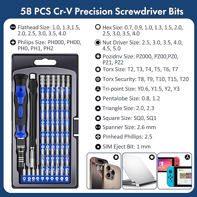 XOOL 62 in 1 Precision Screwdriver Kit, Electronics Repair Tool Kit, Magnetic Driver Kit with Flexible Shaft, Extension Rod for Mobile Phone, Smartphone, Game Console, PC, Tablet