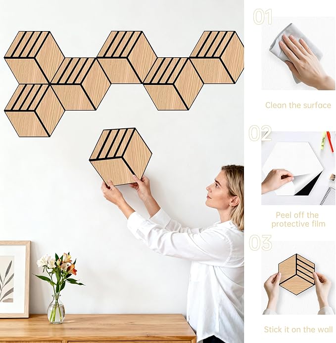 Mollywell Hexagon Acoustic Panels, Natural Oak S4, 14x12x0.4 Inch, 12 Pack |Wood Veneer|High Density Sound Proofing Wall Panels|Self Adhesive Sound Dampening Felt Wall Tiles|Home Theater|Gaming Room|
