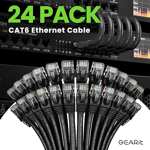 GearIT Cat 6 Ethernet Cable Pack - 24-Pack 4 ft Cat6 Ethernet Patch Cables | RJ45 Network Patch Cable, 10 Gbps Snagless Gold-Plated Connectors - Ethernet Cable Cat 6 for PC, TV, Router - Black