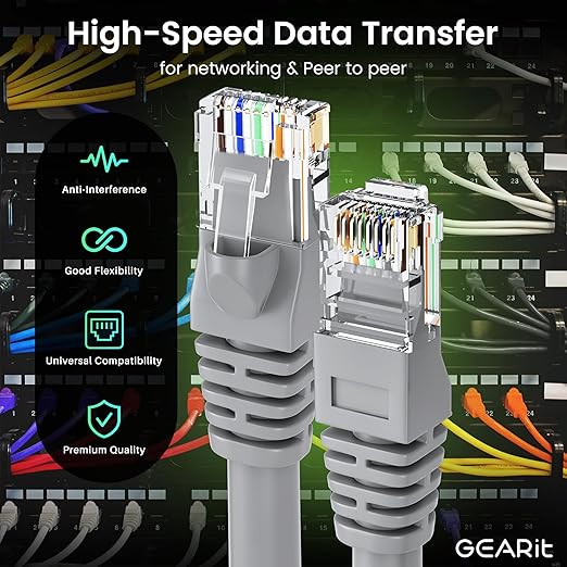 GEARit Cat 6 Ethernet Cable (5-Pack 5 Feet) Cat6 Network Patch, 10Gbps, RJ45, Snagless Cord, Gold-Plated Connectors, Internet for PC, TV, Tablet, Router, Printer, Servers, IT Data Center - Gray