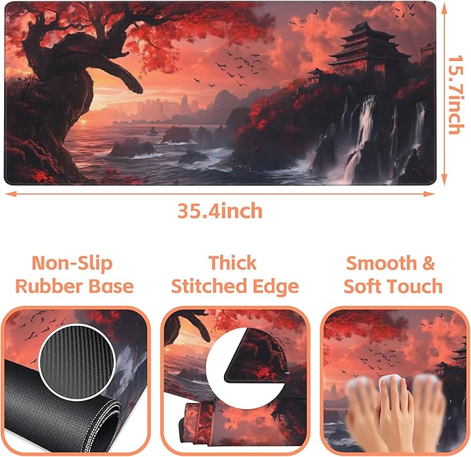 Mouse Pad Large Fantasy Landscape Non-Slip Gaming Desk Mat with Stitched Edge Laptop Keyboard Desk Pad for Work Home Gaming (35.4 x 15.7 Inches)