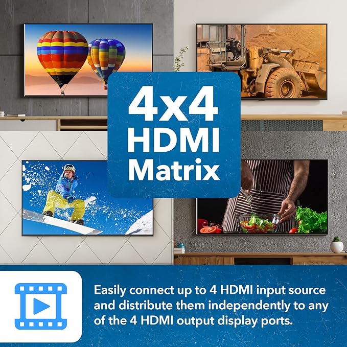 OREI 4x4 4K HDMI Matrix Switcher Splitter, (4-Input, 4-Output) Switch with Remote Control Auto Downscale 4K to 1080p, HDR10 Support (UHD-404R)