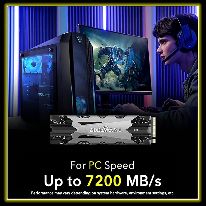 Addlink A95 4TB M.2 SSD Gaming PC Storage Expansion with Heatsink, up to 7200 MB/s, Internal Gaming SSD -2280 PCIe NVMe Gen4X4 3D TLC with Dram NAND SSD