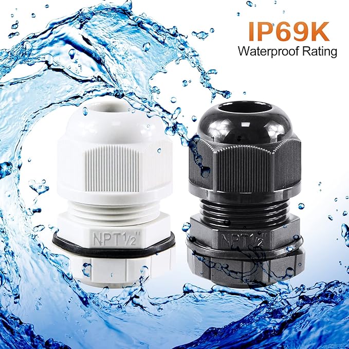 XHF 50 Pcs 1/2" IP68 Strain Relief Nylon Cord Grip Waterproof NPT Cable Glands Adjustable UL Listed and RoHS Compliant (Black)