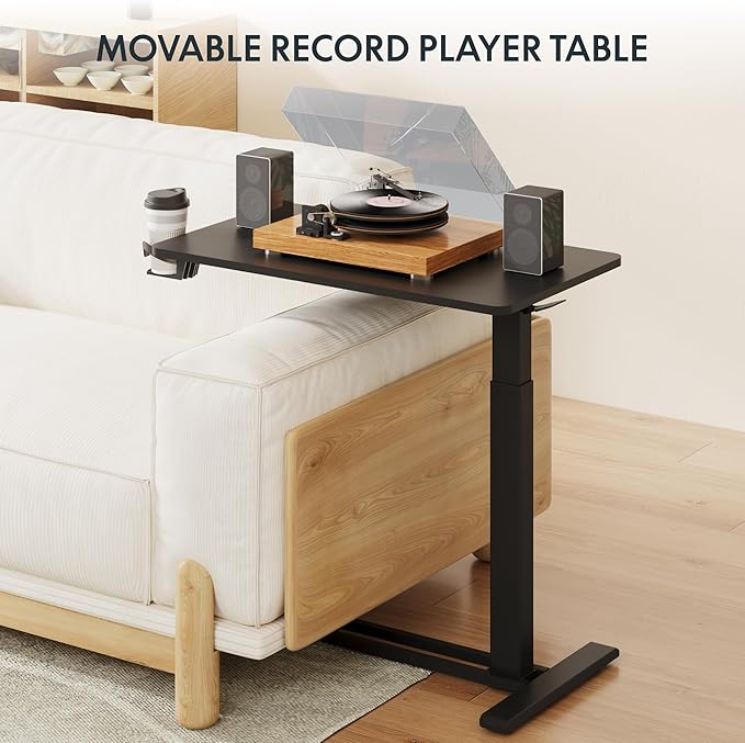FLEXISPOT H7 Adjustable Overbed Bedside Table with Wheels Pneumatic Mobile Standing Desk Laptop Desk Rolling Computer Cart Movable Overbed Table Hospital Home Use(31.5" W x 17.7" D, Black Large)