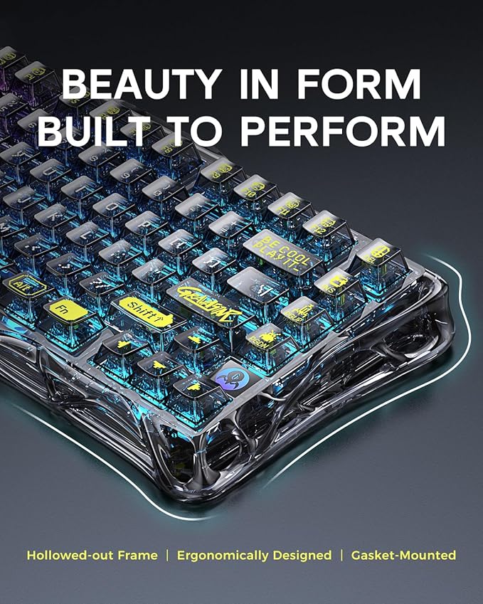 GravaStar Mercury K1 Lite 75% Gaming Keyboard, 2.4GHz/BT/Wired Tri-Mode Wireless Keyboard, Gasket Hot Swappable Mechanical Keyboard, Pre-lubed Linear Switches, RGB Backlit - Transparent Black