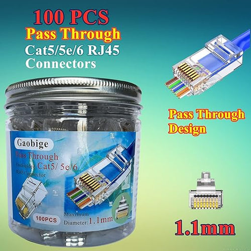 100-PACK Cat5 Cat5e Cat6 RJ45 Pass Through Connectors Ends, 1.1mm Unshielded Connectors for Solid Wire and Standard Cable