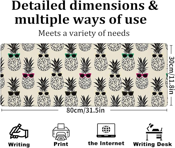 Pop Art Pineapple Gaming Mouse Pad, Large Office Desk Mat, Anti-Slip Rubber Base Mousepad for Computer Laptop Keyboard, Smooth Desk Pad for Home Office Gamer Work Accessories 31.5" x 11.8"