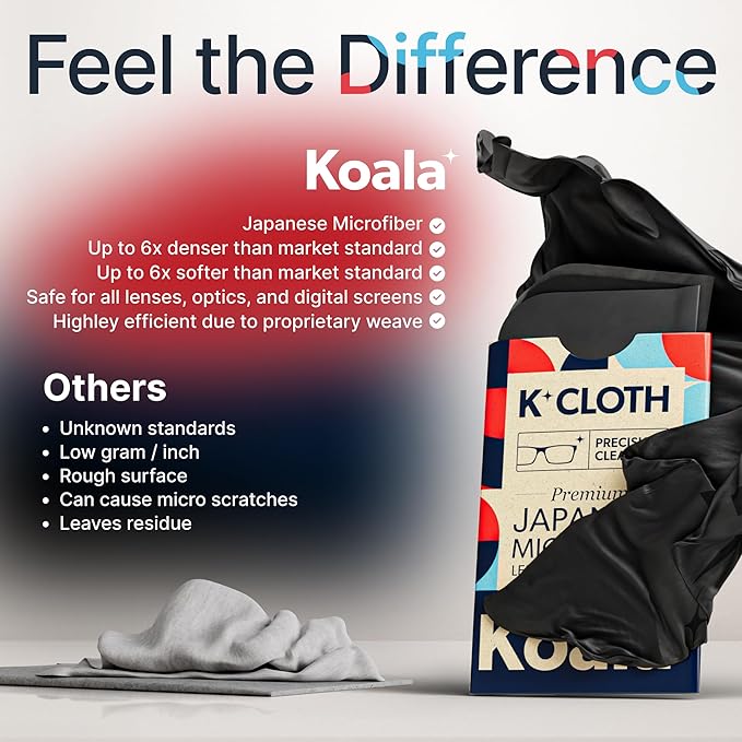Koala Lens Cleaning Cloth | Japanese Microfiber | Glasses Cleaning Cloths | Eyeglass Lens Cleaner | Eyeglasses, Camera, VR/AR Headset, and Screen Cleaner | Black & Green (Pack of 12)