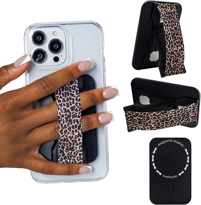 LoveHandle PRO MagSafe Compatible Magnetic Phone Grip w/Kickstand - Mount, Strap and Stand for Smartphone and Tablet - MagSafe Ring Included - Fits All Devices - Leopard