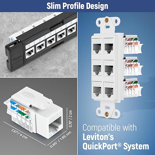 Everest 45° Angled RJ45 Cat6 Keystone Jacks 20-Pack in White - Slim Profile Female RJ45 Connectors - Cat 6 Keystone Jack - Compatible with 45° Angled Speed Termination Tool - 45Term (B0BL3GS7ZY)