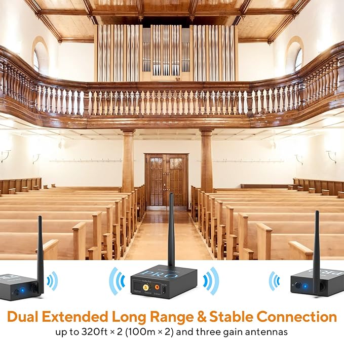 1Mii 3-in-1 2.4Ghz Wireless Audio Transmitter Receiver for 2 Subwoofer/Active Speaker/Power Amplifier, 20ms Low Latency, 320ft Range, Optical/Coaxial/3.5mm(RCA) Audio Input/Output