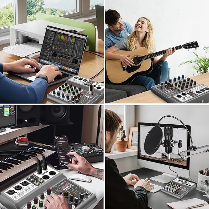 Aveek Professional Audio Mixer, Sound Board Mixing Console with 5 Channel Digital USB Bluetooth Echo Delay Effect, Input 48V Phantom Power Stereo DJ Mixers for Recording, Live Streaming, Podcasting