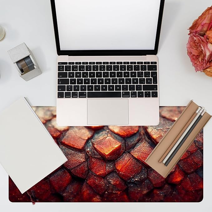 Desk Mat, Red Fire Dragon Scales Desk Pad, Cool Dragon Large Gaming Mouse Pad for Desk, 31.5"x15.7" Extended Big Computer Keyboard Mouse Pad with Non-Slip Base and Stitched Edge