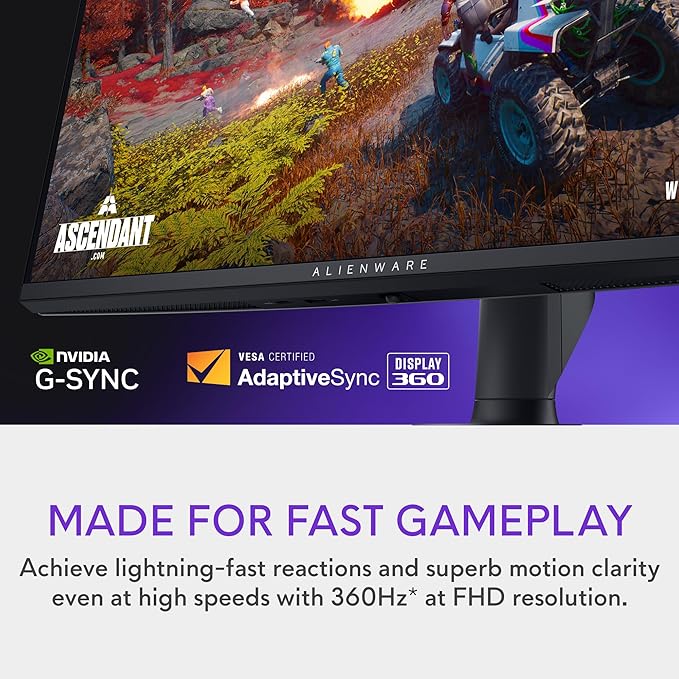 Alienware 27 4K Dual-Resolution Gaming Monitor - AW2725QF - 4K at 180Hz and FHD at 360Hz, 0.5ms GTG 1ms GTG (Extreme Mode), VESA AdaptiveSync, NVIDIA G-SYNC Compatible, HDMI/DP/USB 3.2 Gen1 - Black