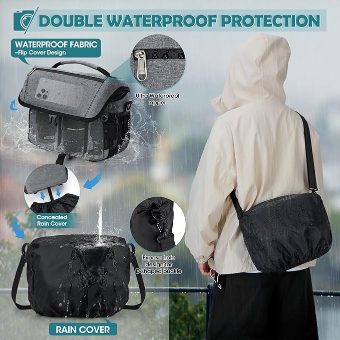 RAINSMORE Camera Bag, DSLR/SLR/Mirrorless Camera Case with Tripod Holder Waterproof Camera Sling Bag Crossbody Camera Bags for Photographers with Rain Cover for Canon/Nikon/Sony/Fuji, Grey