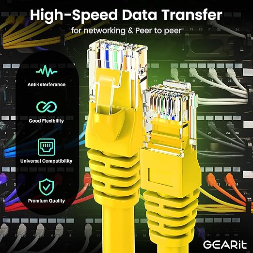 GearIT Cat 6 Ethernet Cable (24-Pack 1 Foot) Cat6 Network Patch, 10Gbps, RJ45, Snagless Cord, Gold-Plated Connectors, Internet for PC, TV, Tablet, Router, Printer, Servers, IT Data Center - Yellow