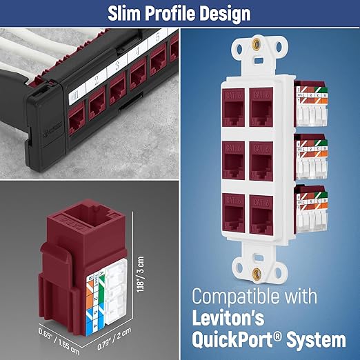 Everest 90° Angled RJ45 Cat6 Keystone Jacks 20-Pack in Red - Slim Profile Female RJ45 Connectors - Cat 6 Keystone Jack - Compatible with 90° Angled Speed Termination Tool - easyJACK (B094WB91H3)