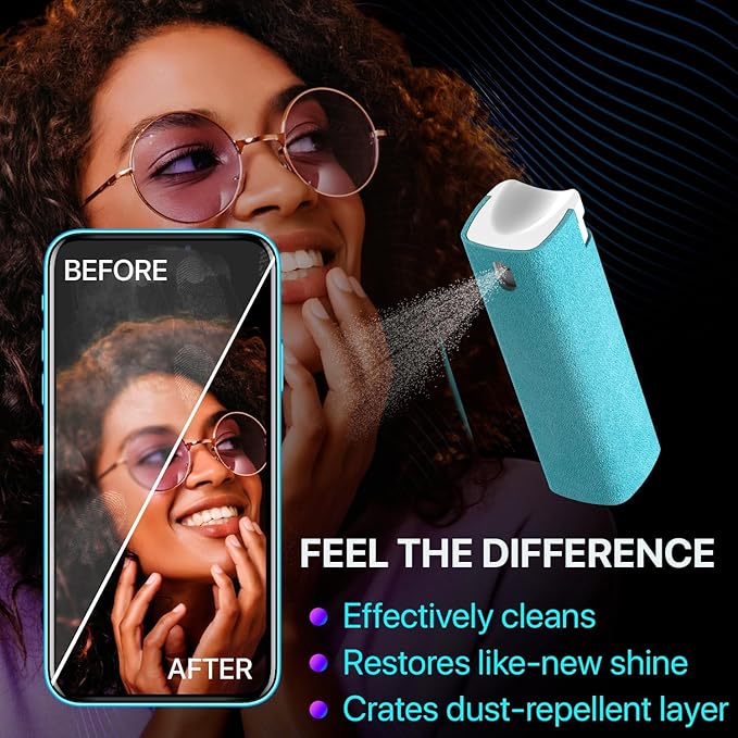 Mini Screen Cleaner Spray – Finger Proof Screen Cleaner for Smartphones, iPads, MacBooks, Laptops, Car Screens, Touchscreens – 3in1 Mist Cleaner, Microfiber Cloth and Cover (Orange)