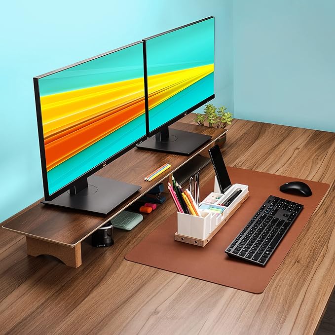 Aothia Large Dual Monitor Stand Riser, Solid Wood Desk Shelf with Eco Cork Legs for Laptop Computer/TV/PC/Printers, Perfect Desktop Stands Organizer with Underneath Storage for Office Accessories