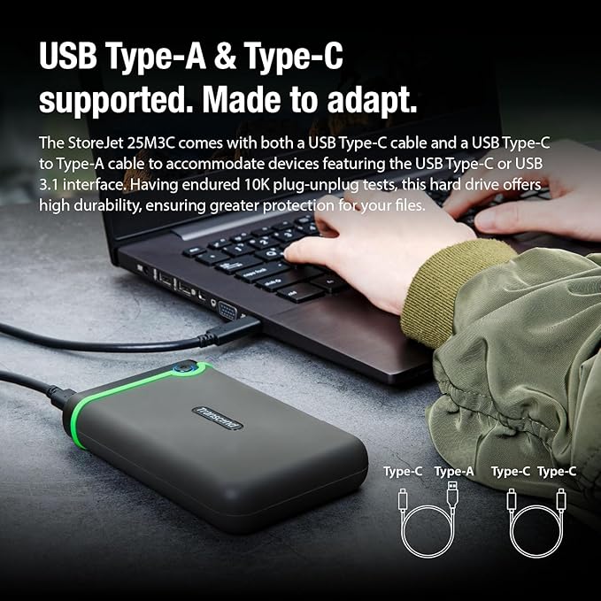 Transcend 2TB SJ25M3C, USB 3.1 Portable Hard Drive Rugged, Anti-Shock Resistant, Compact and Lightweight with Lightning-Fast Speeds, One Touch Backup Button, Type C, Iron Grey - TS2TSJ25M3C