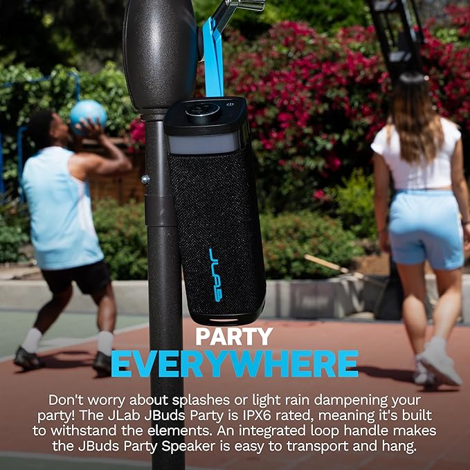 JLab JBuds Party Portable Bluetooth Speaker, 2 Full-Range Drivers + 2 Passive Woofers, IP56 Waterproof, 12 Hours Playtime, Connect Multiple Speakers, Custom Sound + RGB Lighting via App, Black