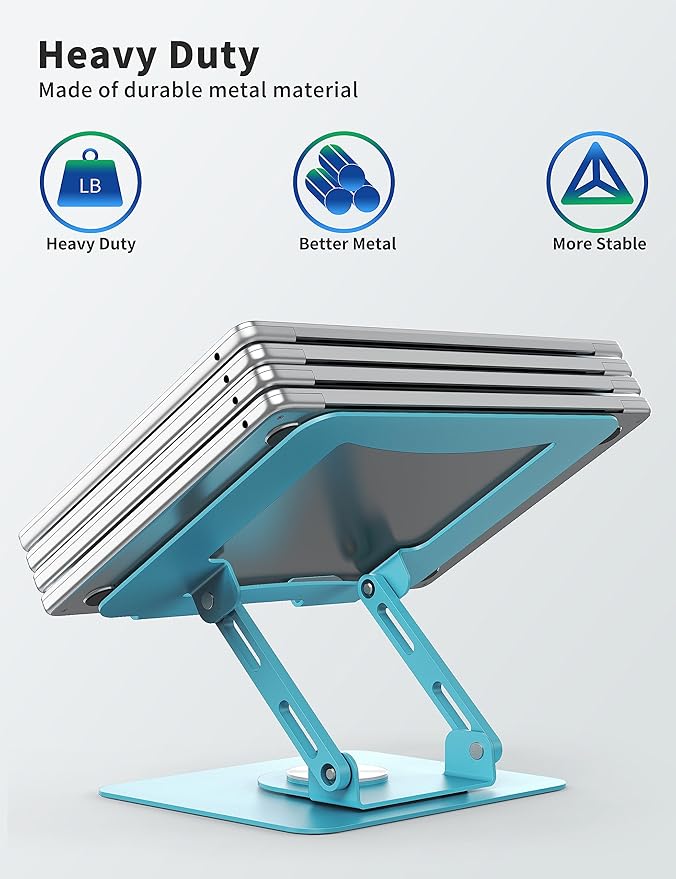 SOUNDANCE Laptop Stand with 360° Rotating Base, Ergonomic Computer Riser for Desk, Adjutable Height Muti-Angle, Foldable Laptop Mount, Stable Metal Holder Support 10-15.6" Notebook PC, Blue