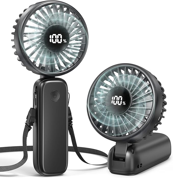 Portable Handheld Fan, 5000mAh Rechargeable Battery, Max 15H Cooling, 4 Speeds, LED Display, Foldable Design, 3-IN-1 Personal Pocket Fan with lanyard for Travel Outdoors Makeup Concert Commute
