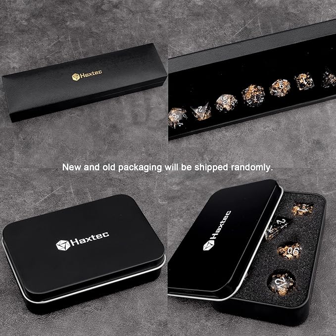 Haxtec DND Dice Set Black Sharp Edge Resin Dice Gold Flakes with Dice Case Black White Gold D&D Dice for RPG Role Playing Games Compatible with Dungeons and Dragons Gift War Series