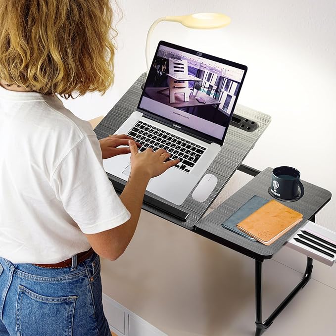 CloudTrip Plus XL Adjustable Laptop Desk with Light, USB Port, iPad Holder, Drawer Storage - Larger 23.6IN Adjustable Lap Desk for Bed, Home Office, Breakfast Tray, Fordable Legs Desk (Walnut)