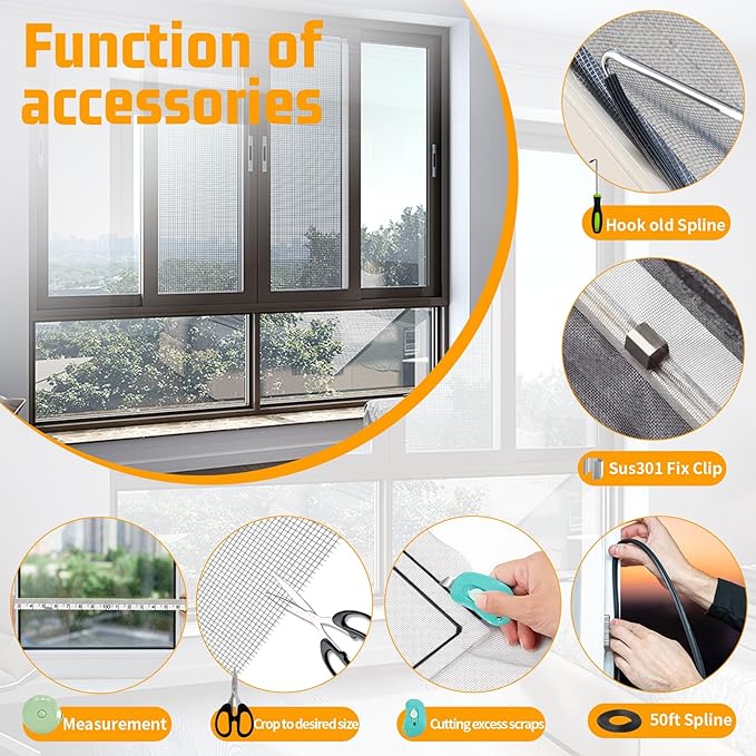 Window Screen Replacement,Screen Door Repair Kit, 48"x178" Grey Window Screen Mesh,Including 50 FT Splines+Hooks+2 Rollers+8 Clips+Scissors+Knife+Tape Measure,Fully Equipped Window Screen Repair Kit