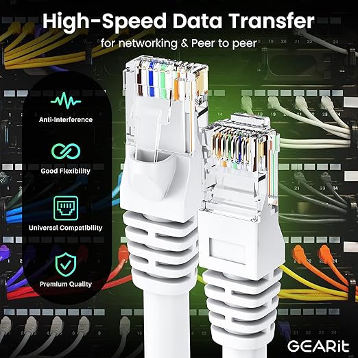 GEARit Cat 6 Ethernet Cable (24-Pack 5 Feet) Cat6 Network Patch, 10Gbps, RJ45, Snagless Cord, Gold-Plated Connectors, Internet for PC, TV, Tablet, Router, Printer, Servers, IT Data Center - White
