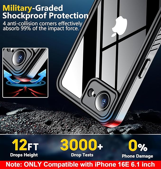SPIDERCASE for iPhone 16e Case Waterproof,Built-in Screen & Camera Lens Protector[IP68 Underwater] Full Body Protection Phone Case for iPhone 16e 6.1'', Black/Clear