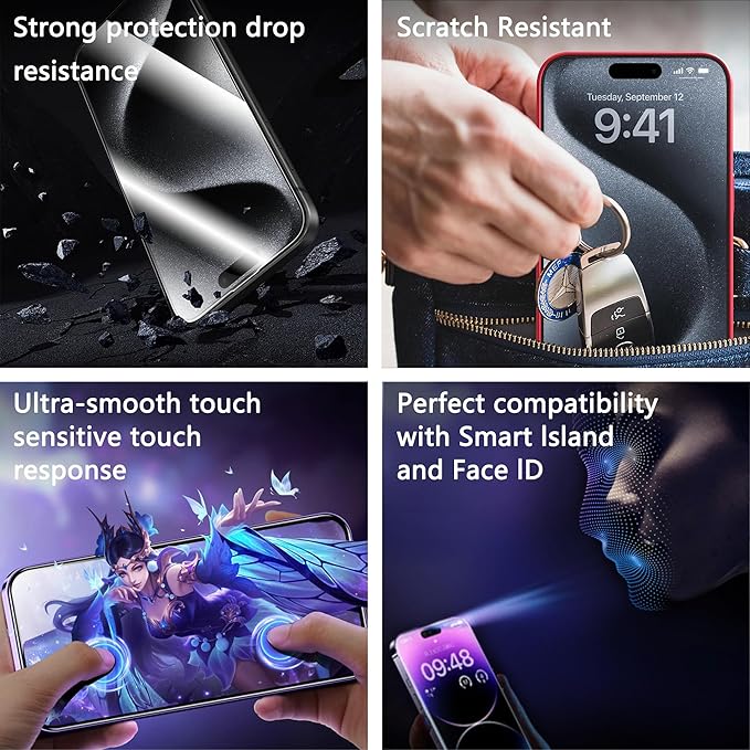 2 Pack Screen Protector for iPhone 15 Pro, 9H Tempered Glass, Full Coverage, Anti-Fingerprint, Auto Dust-Elimination, No Bubble, Easy Installation