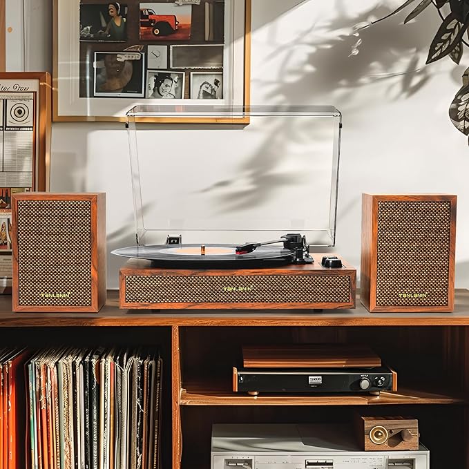 Vinyl Record Player with External Speakers, 3 Speed Vintage Stereo Turntable for Vinyl Records, Bluetooth Input, Auto Stop & Belt Driven System, RCA Out and Aux in - Brown Wood