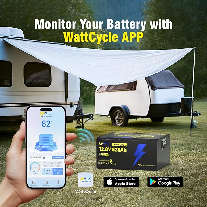 12V 628Ah LiFePO4 Lithium Battery 300A BMS, Built-in Bluetooth 5.0, Full Metal Case 8038Wh Energy, 15000+ Deep Cycles Batterys, Perfect for Home Energy, RV, Marine, Solar, Trolling Motor