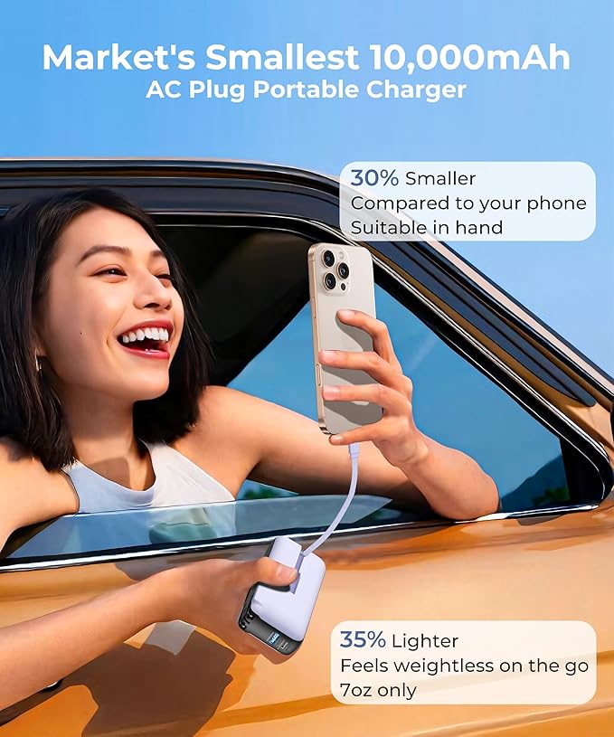 Portable Charger with Built-in USB-C Cable & Plug, 10,000mAh 5V/4.5A Power Bank Fast Charging 22.5W, Travel Essential Battery Pack 3 Output for iPhone 16/15 Series, Samsung Galaxy, iPad, 1 Pack